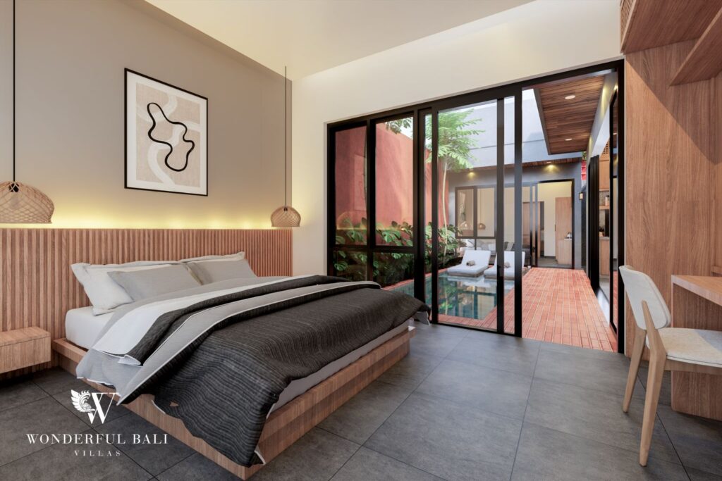 Render of primary bedroom with sliding doors to courtyard pool, 2-bedroom villa in Jimbaran