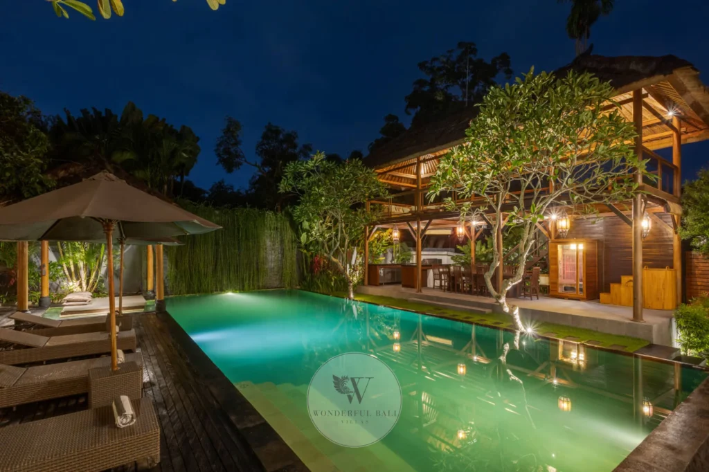 18-metre private pool at night with ambient lighting, Canggu villa