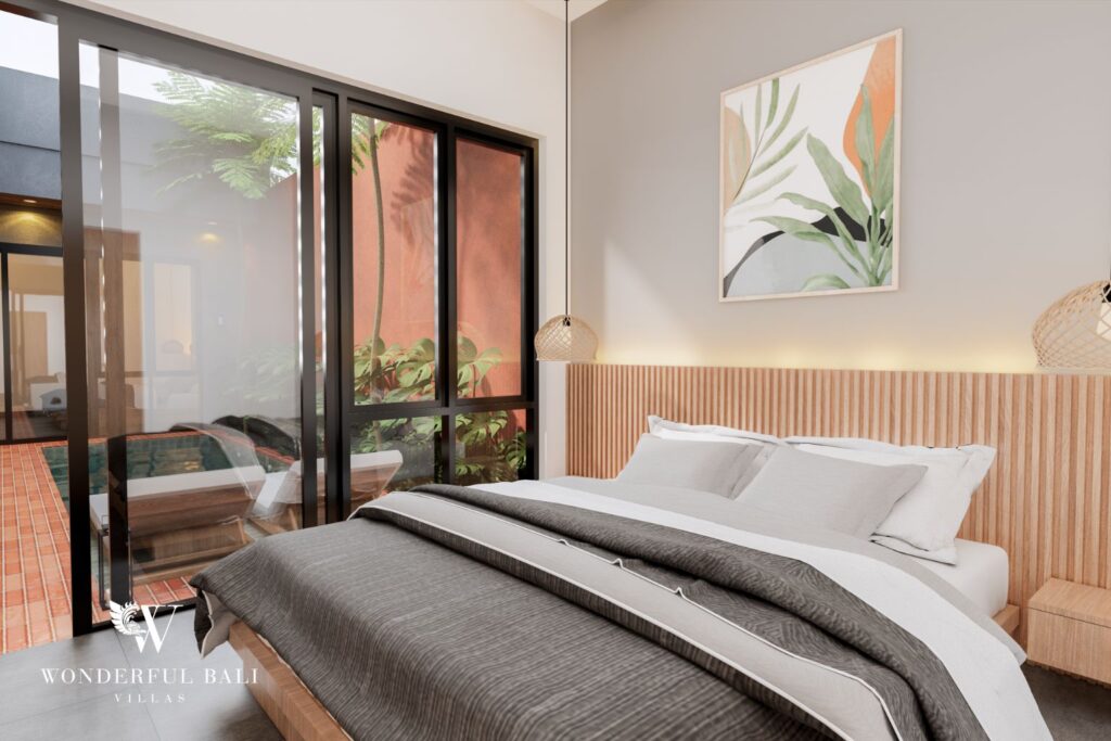 Render of second bedroom with botanical artwork and pool view, 2-bedroom villa in Jimbaran