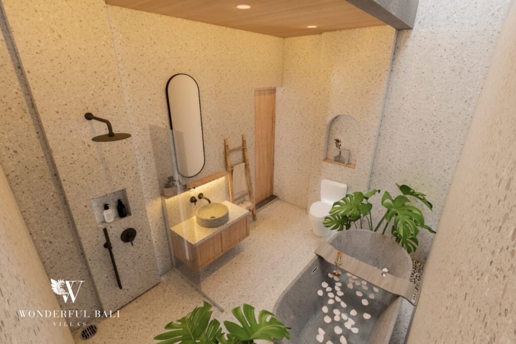 Render of primary bathroom with walk-in shower and stone vanity, 2-bedroom villa in Jimbaran