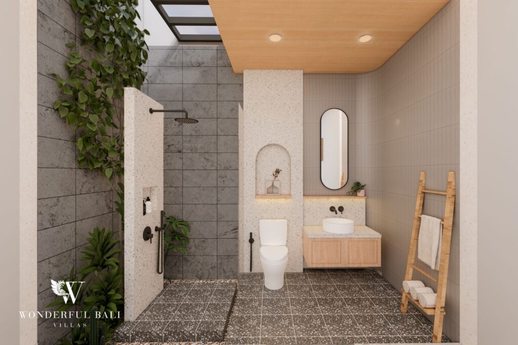 Render of second bathroom with walk-in shower and arch mirror, 2-bedroom villa in Jimbaran