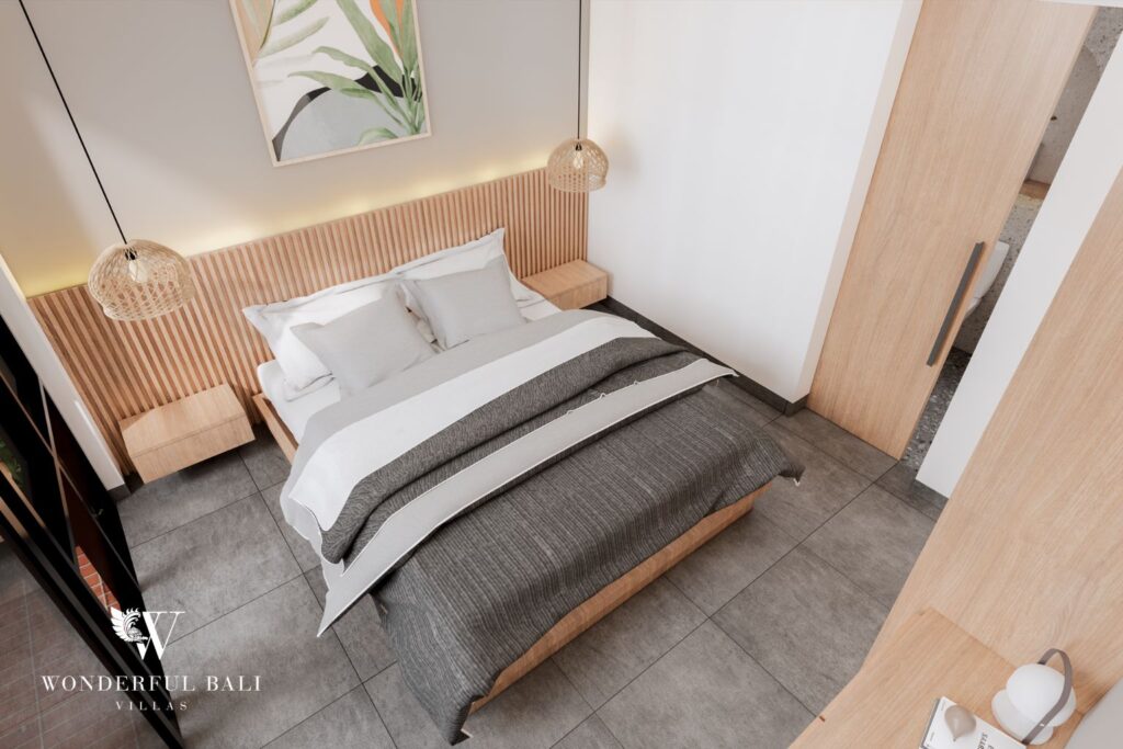 Overhead render of a bedroom with wood panelling and pendant lights, 2-bedroom villa in Jimbaran