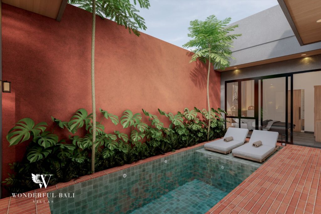 Render of private pool with sun loungers and planted wall, 2-bedroom villa in Jimbaran