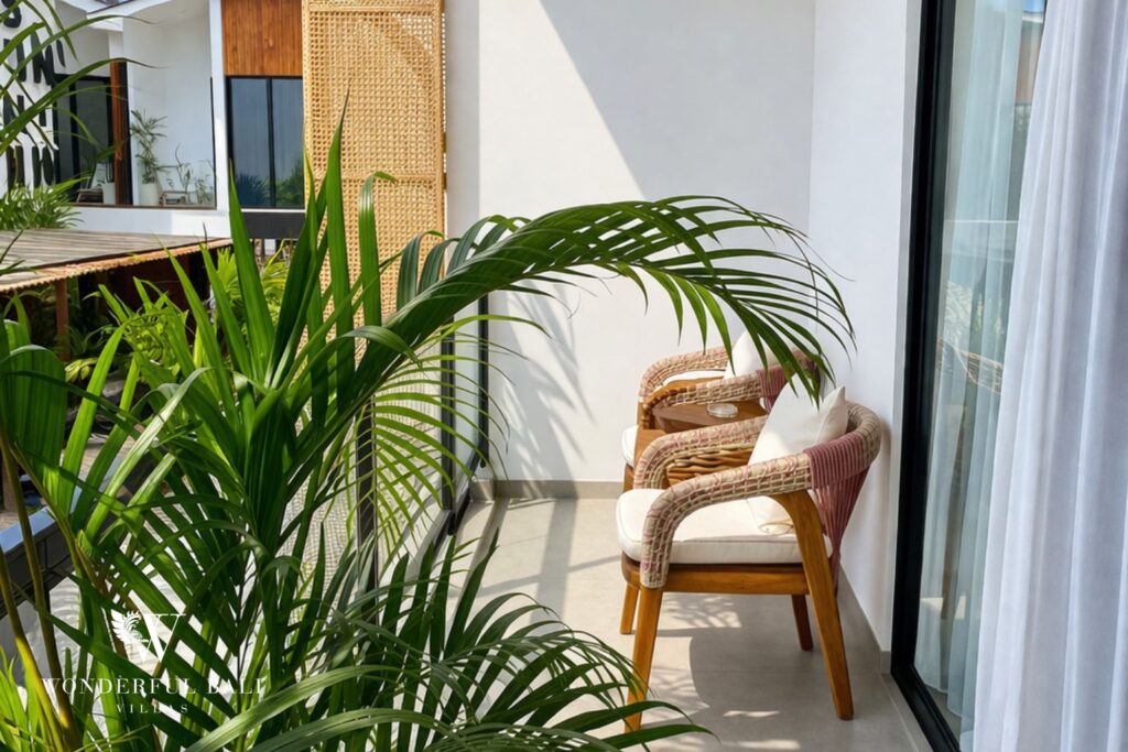 Private balcony with rattan chair and tropical plants, 1-bedroom studio apartment in Canggu