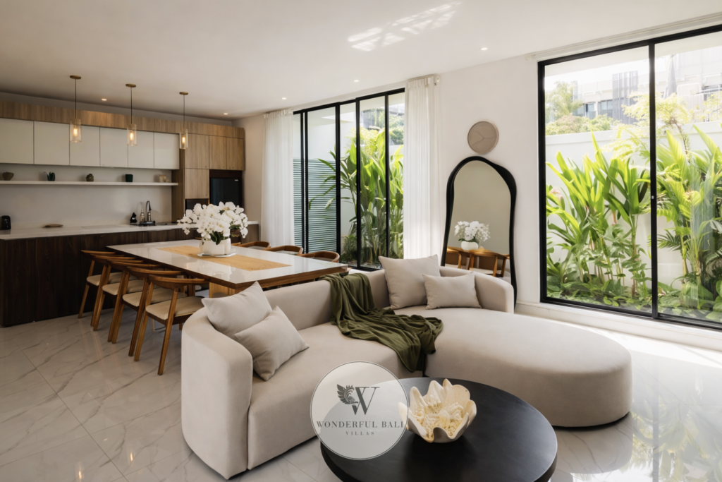 Villa Toku – Luxury open-plan living room and kitchen with marble floors and garden views – Petitenget, Seminyak Bali