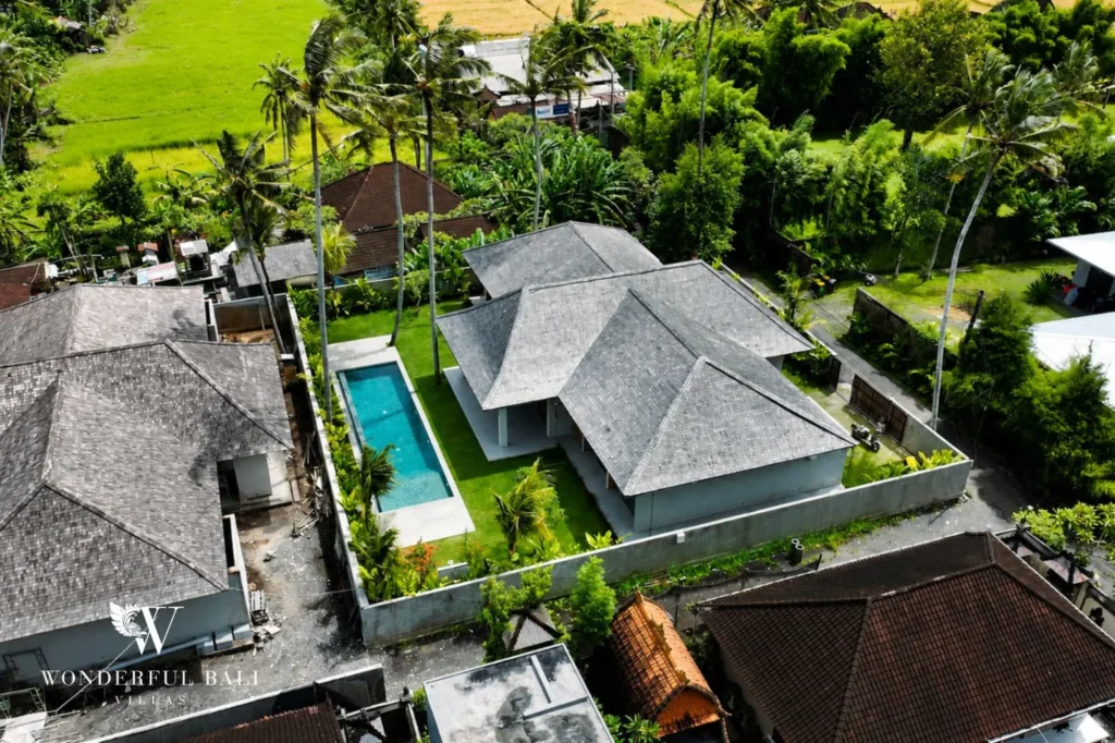 Aerial view of the villa with rice paddy adjacent, 4-bedroom villa for sale in Kaba-Kaba, Tabanan