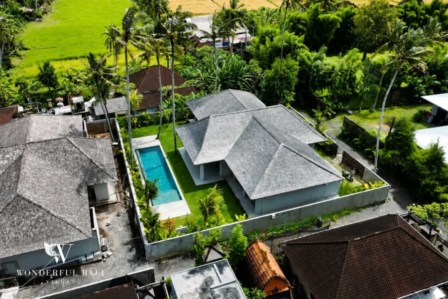 Aerial view of the villa with rice paddy adjacent, 4-bedroom villa for sale in Kaba-Kaba, Tabanan