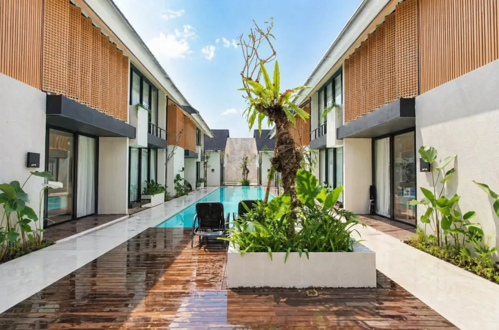 Aerial overview of the Umahan Sanur complex with garden and pool, Villa Umahan Sanur — 2-bedroom villa