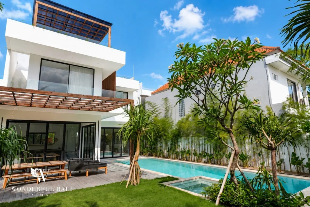 Three-story modern villa with private pool and jacuzzi at Luxury 3BR Villa in Pererenan, Bali