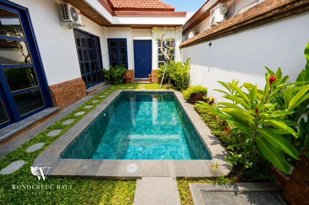 Private courtyard pool with blue-accented Balinese villa, 2-bedroom villa in west Sanur