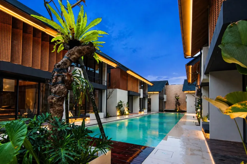 Umahan Sanur complex lit at night with pool and garden, Villa Umahan Sanur — 2-bedroom villa