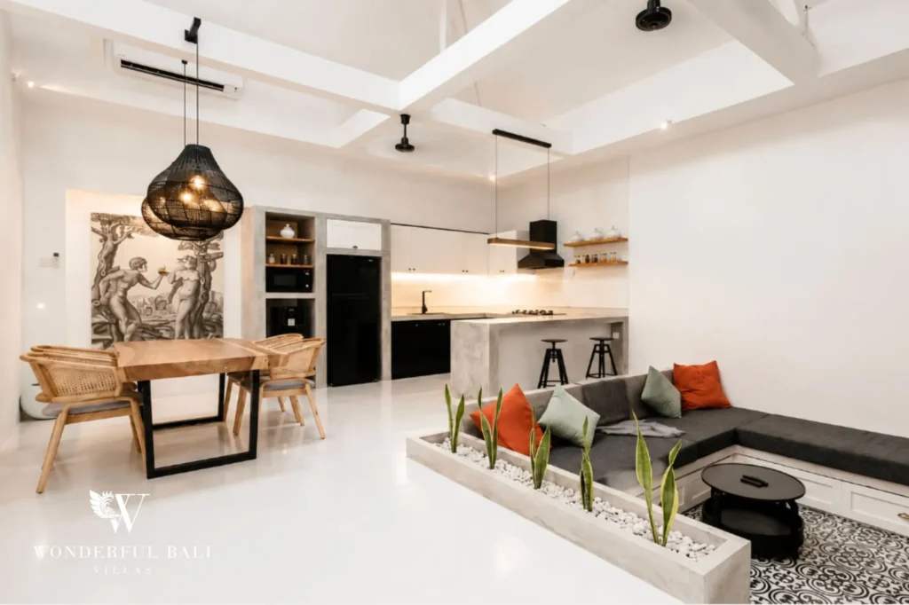 Open-plan living and kitchen area, 2-bedroom villa in Canggu