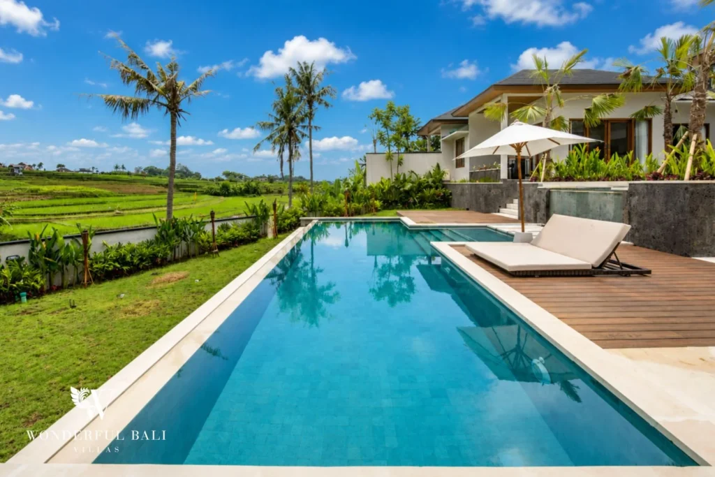 Lap pool with panoramic rice field view in Tumbak Bayuh, Bali