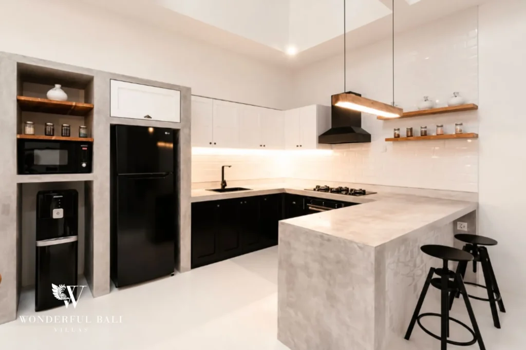 Modern kitchen with a concrete island, 2-bedroom villa in Canggu