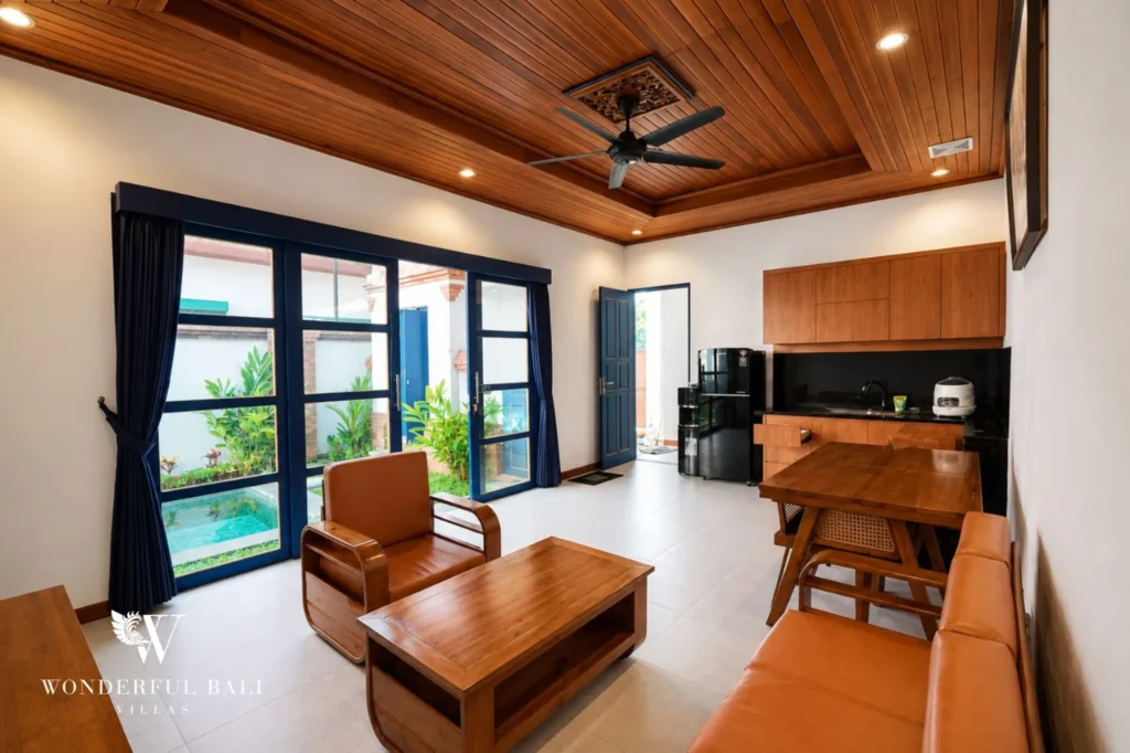 Open living and kitchen area, 2-bedroom Balinese modern villa in Sanur