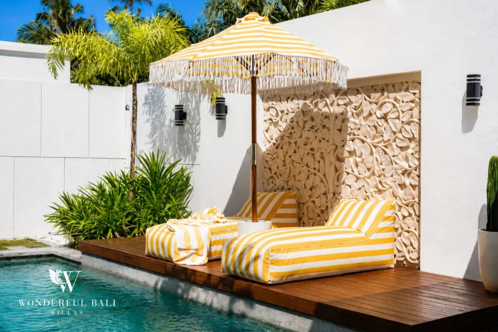 Poolside sun loungers with umbrella, 2-bedroom villa in Petitenget, Seminyak