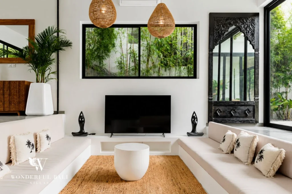 Second living lounge with TV and Buddha statue decor at Luxury 3BR Villa in Pererenan, Bali
