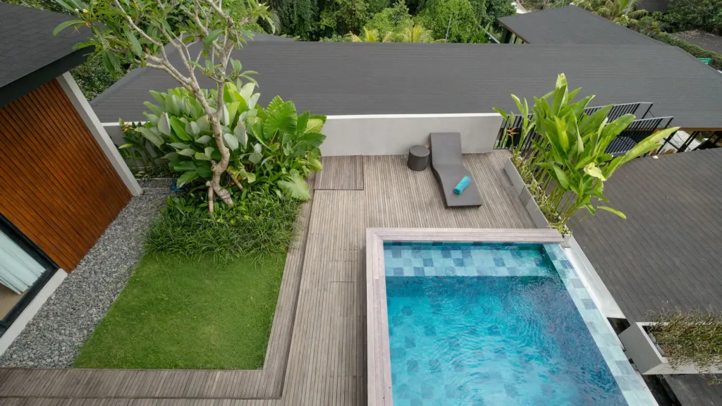 Villa Umahan, Ubud — aerial, private plunge pool, sun lounger and timber deck, Villa Umahan