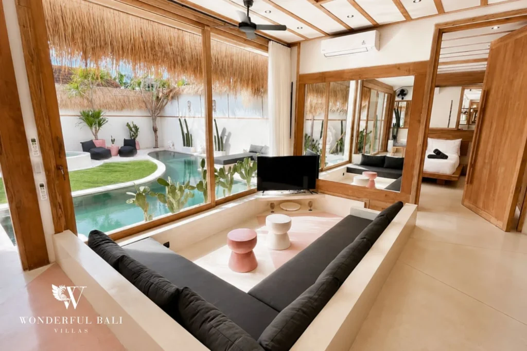 Living room sunken lounge facing the cactus garden in Berawa, Bali