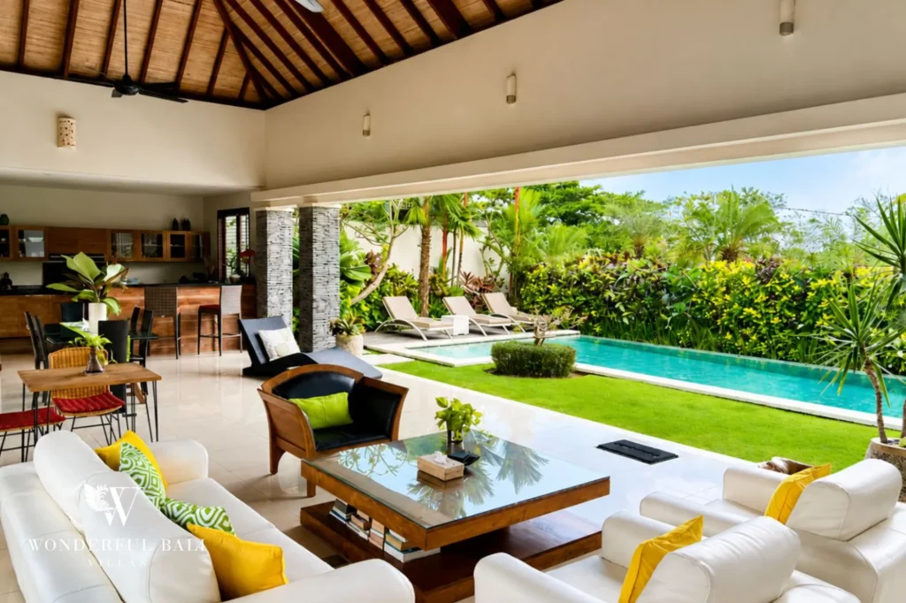 Open-plan living area opening to the pool, 5-bedroom villa in Batu Bolong, Canggu