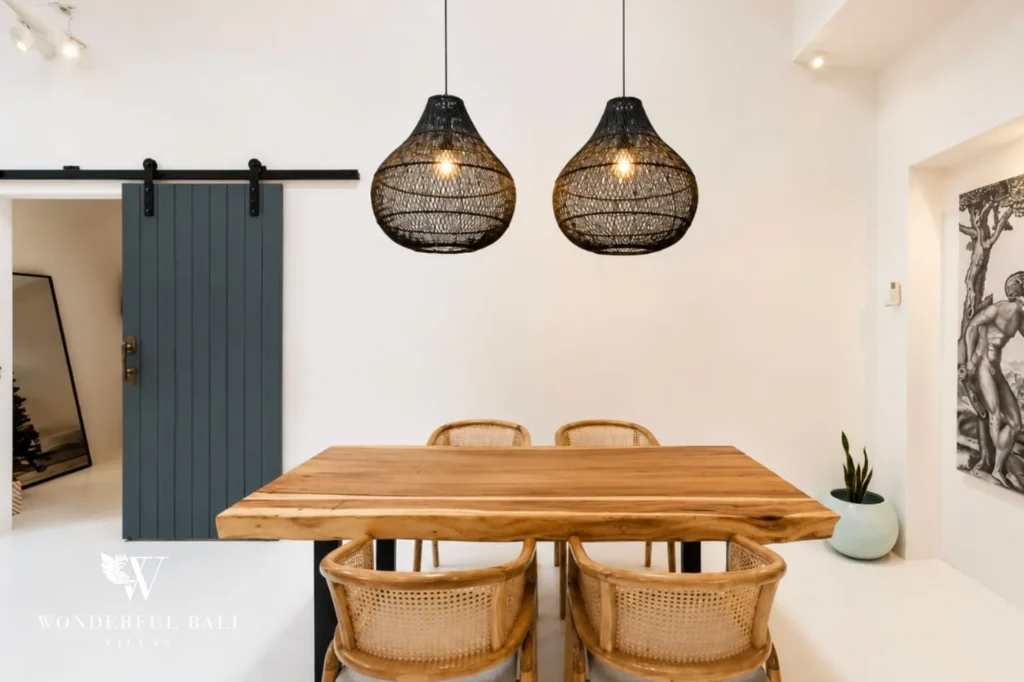 Dining area with a wooden table, 2-bedroom villa in Canggu