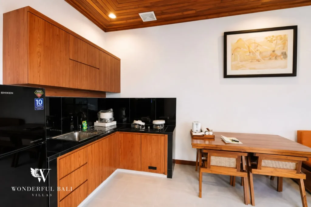 Kitchen with adjacent dining area, 2-bedroom Balinese modern villa in Sanur