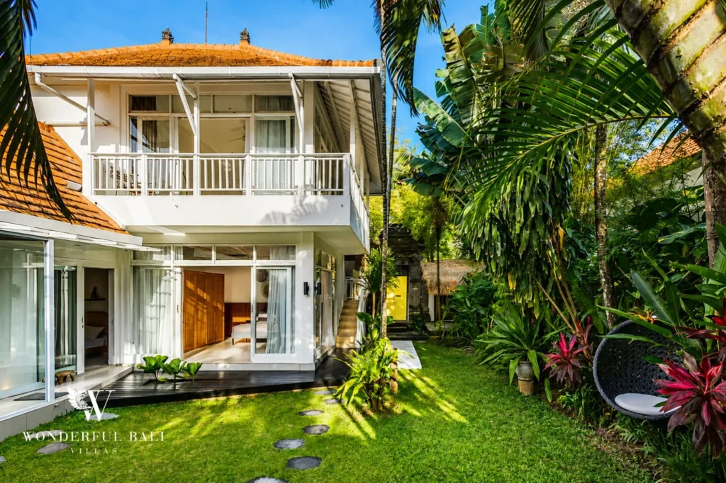 Front exterior of the modern white family villa, 4-bedroom property in Berawa, Canggu