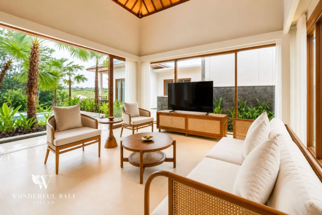 Living room with cane furniture and rice field view in Tumbak Bayuh, Bali