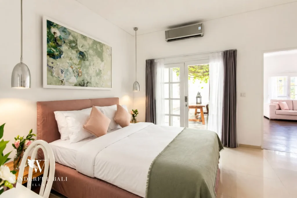 Modern bedroom with neutral palette, 3-bedroom colonial villa in Umalas