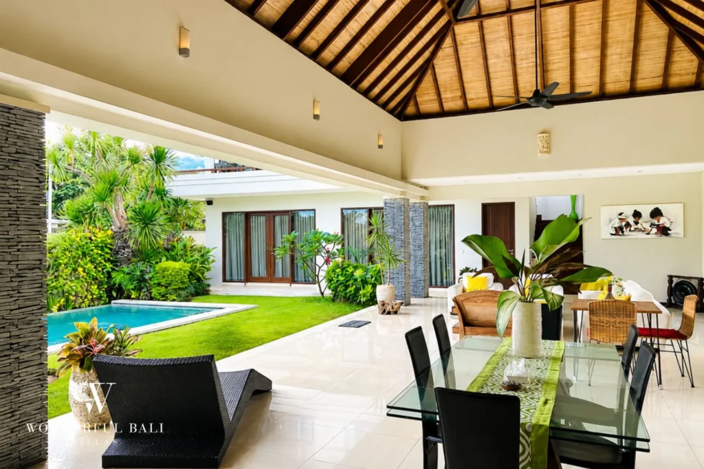 Combined open-plan living and dining area, 5-bedroom villa in Batu Bolong, Canggu