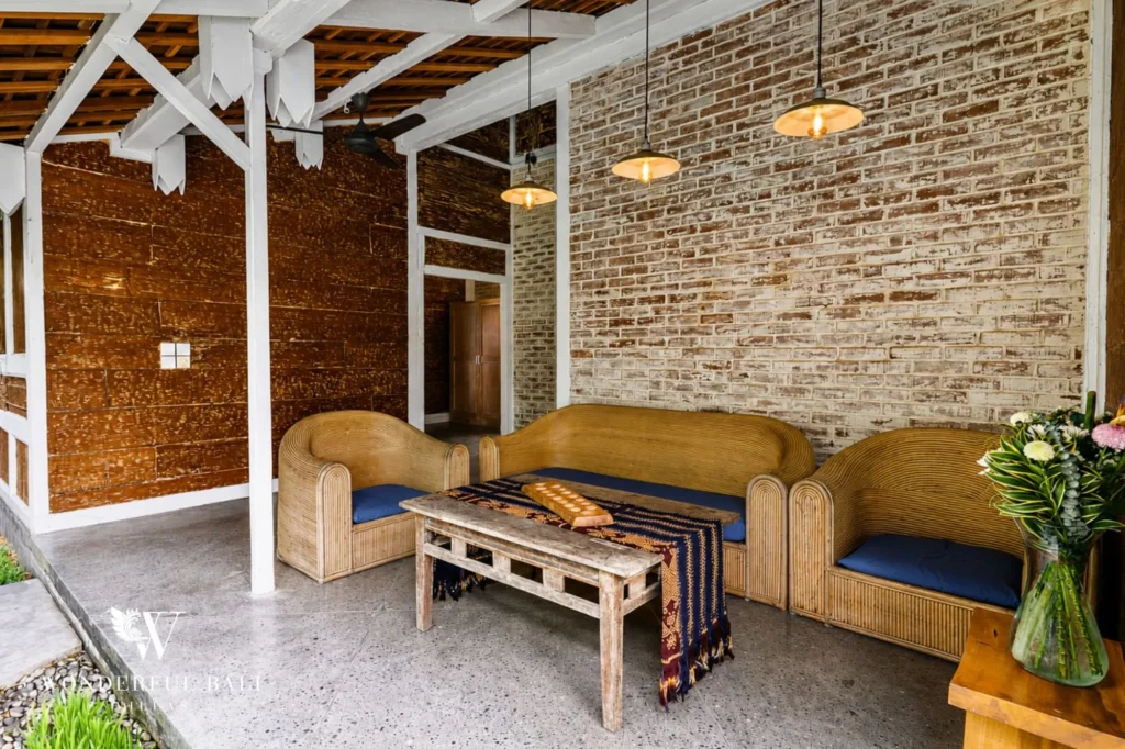 Outdoor wooden dining bench in the garden, 4-bedroom dual-villa compound in Pererenan
