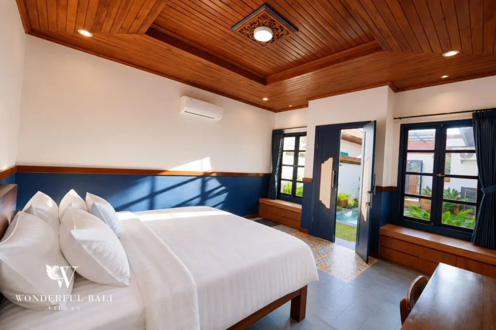 Master bedroom with wooden ceiling, 2-bedroom Balinese modern villa in Sanur