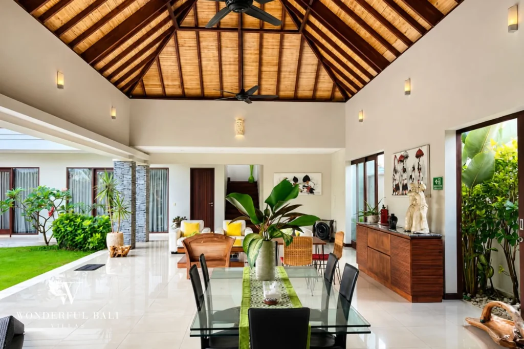 Dining area under a vaulted ceiling, 5-bedroom villa in Batu Bolong, Canggu