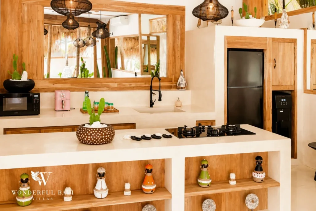 Kitchen detail with pink retro coffee machine and boho ornaments in Berawa, Bali