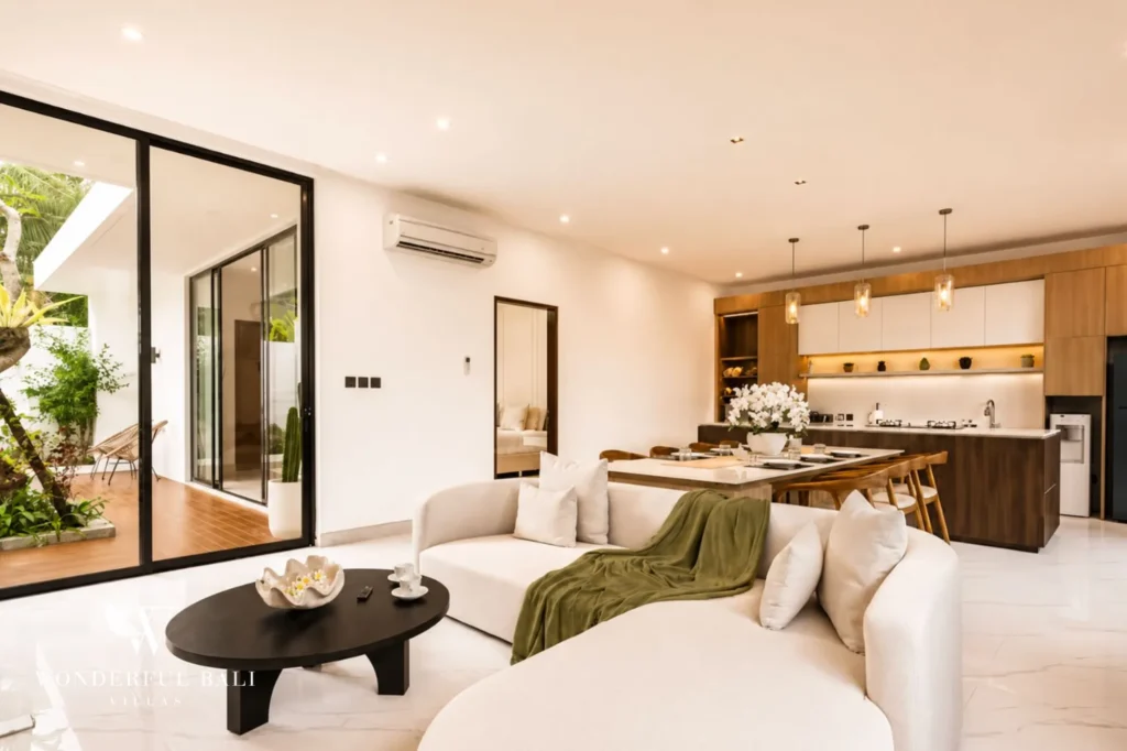 Living area with view to the open kitchen, 2-bedroom villa in Petitenget, Seminyak