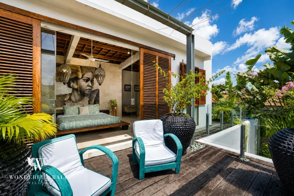 View through bedroom doorway into living area, 4-bedroom villa in Petitenget, Seminyak