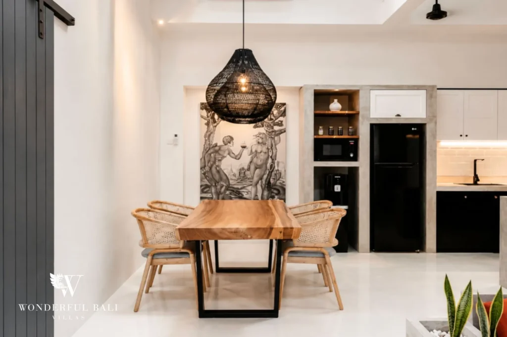 Open-plan dining and kitchen area, 2-bedroom villa in Canggu