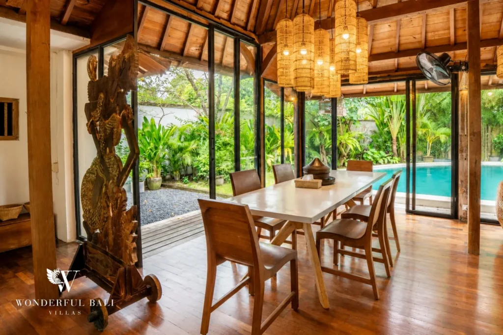 Outdoor seating in the tropical garden, 4-bedroom joglo villa in Umalas