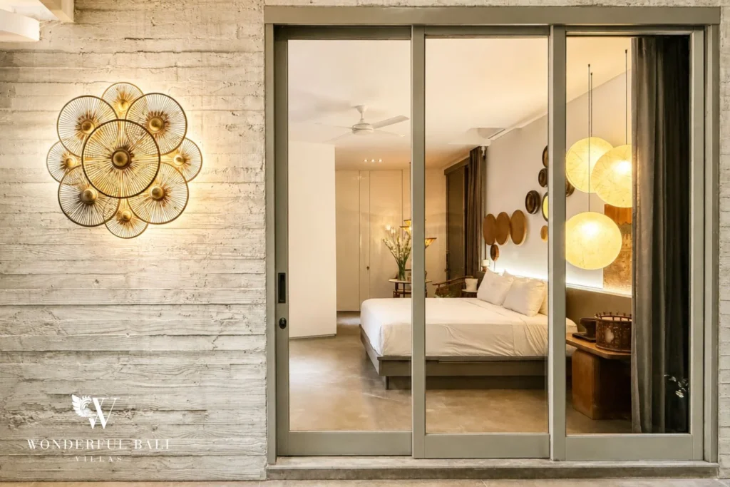 monthly villa rental Umalas — bedroom stone wall