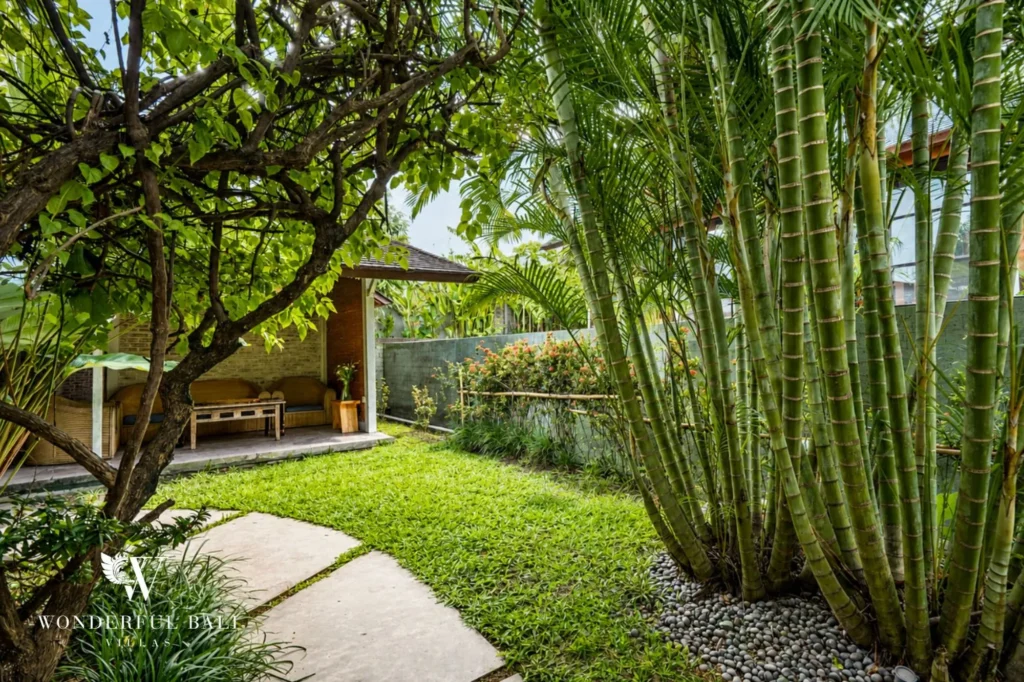 Garden section with mature bamboo screening, 4-bedroom dual-villa compound in Pererenan