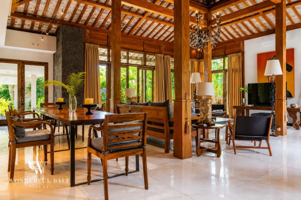 Living room interior with sofa and natural materials, 4-bedroom villa in Berawa, Canggu