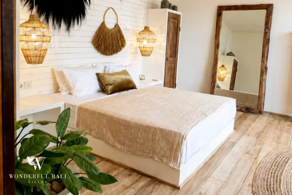 Second bedroom with rattan wall art and king bed in Umalas, Bali