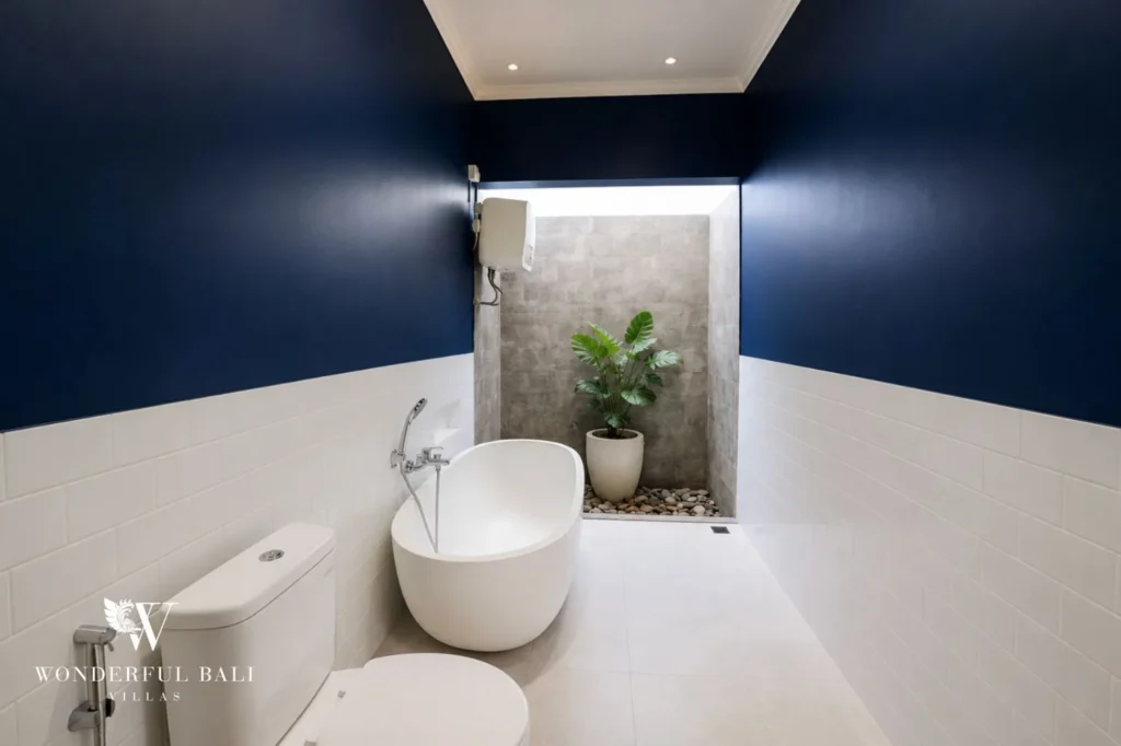 Ensuite bathroom with freestanding tub, 2-bedroom Balinese modern villa in Sanur