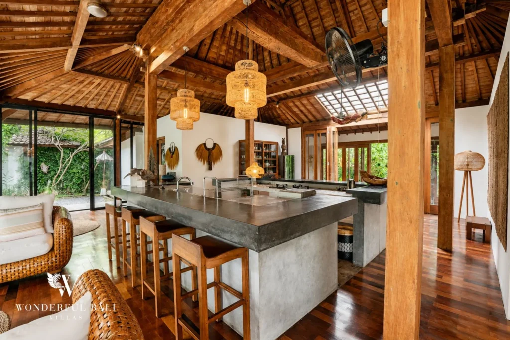 Joglo living interior with antique furniture, 4-bedroom villa in Umalas
