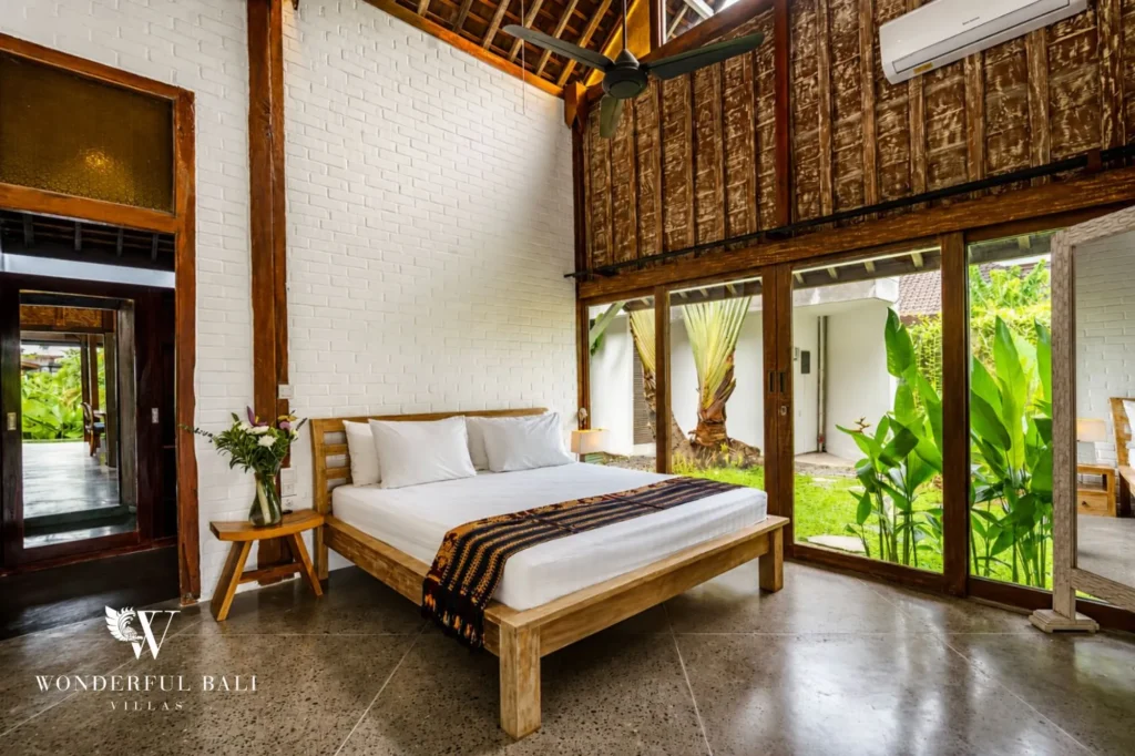 Wooden sitting area with natural materials, 4-bedroom dual-villa compound in Pererenan
