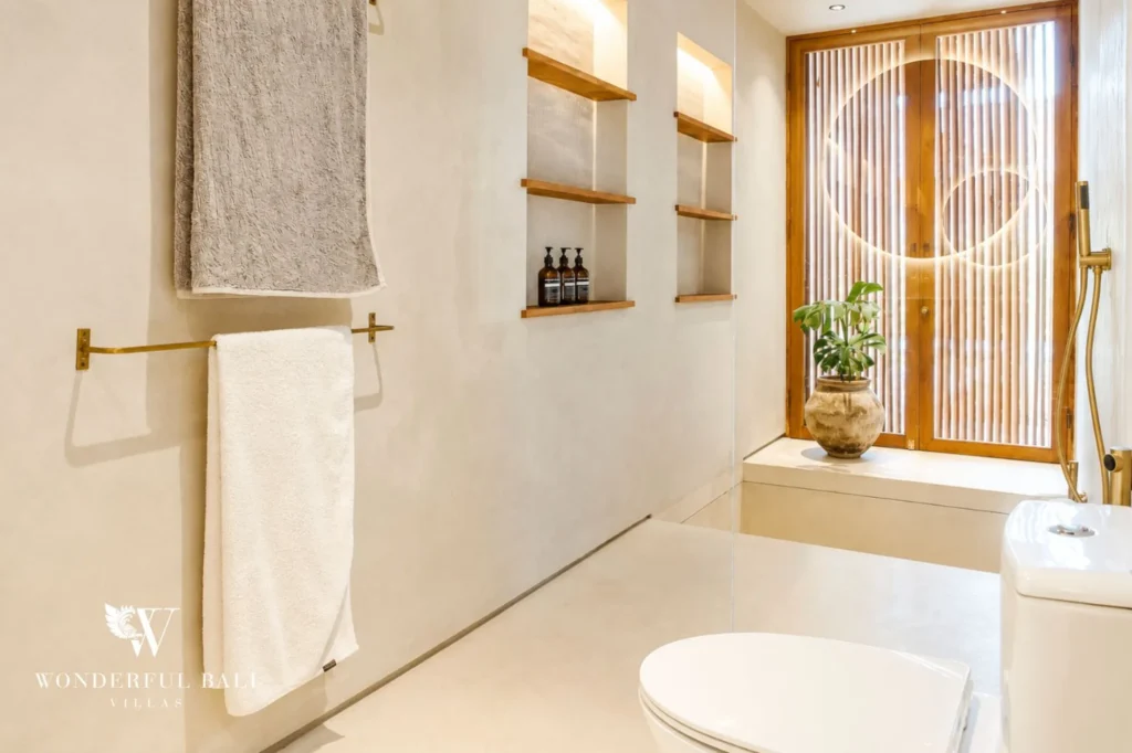 Bathroom with window and towel rail, 4-bedroom villa in Kaba-Kaba, Tabanan