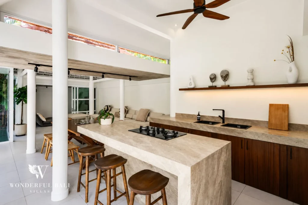 Fully equipped kitchen with central island, 4-bedroom family villa in Berawa, Canggu