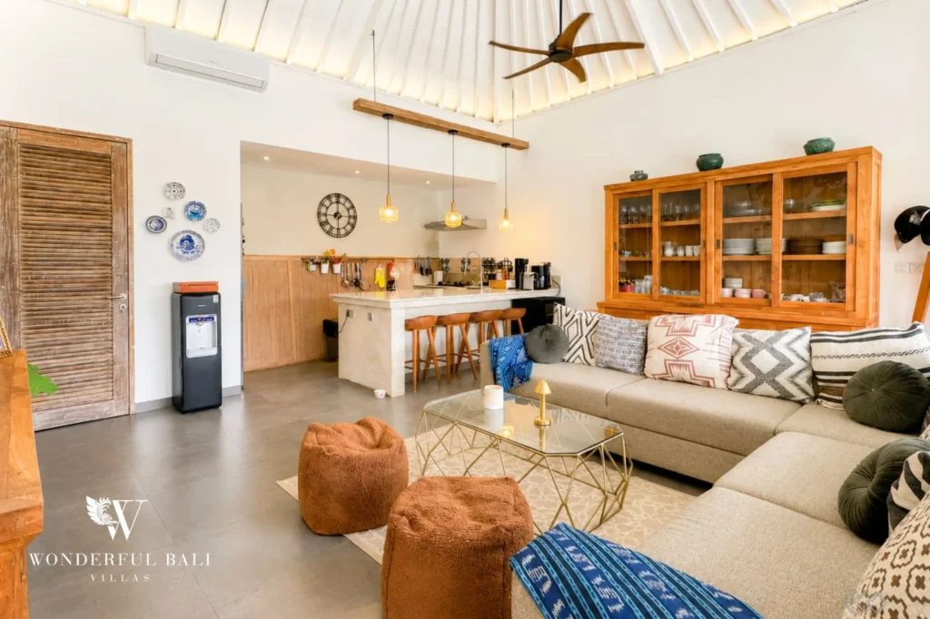 Living area with view through to the kitchen, 4-bedroom family villa in Mertasari, Kerobokan