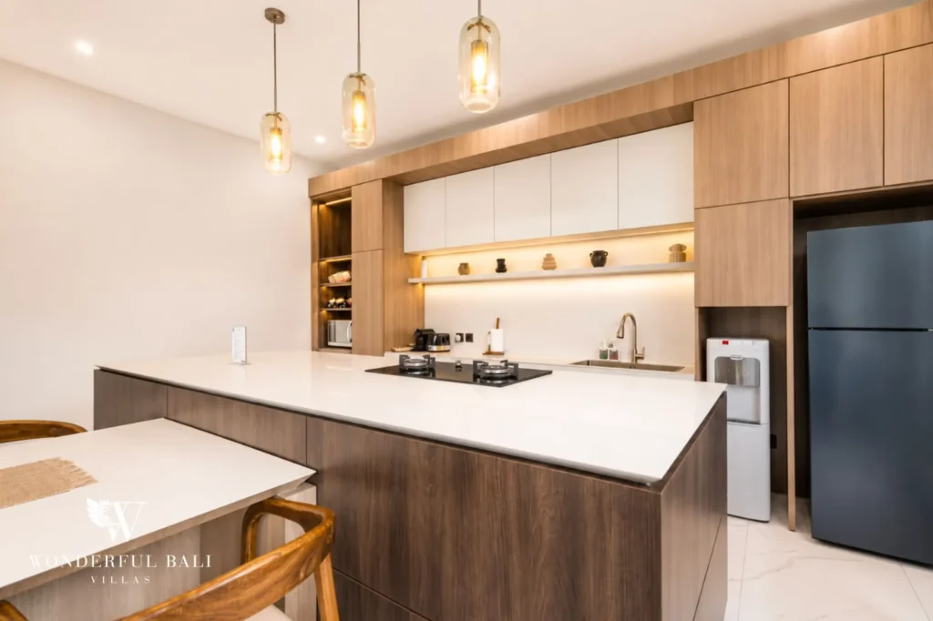 Modern kitchen with breakfast bar, 2-bedroom villa in Petitenget, Seminyak