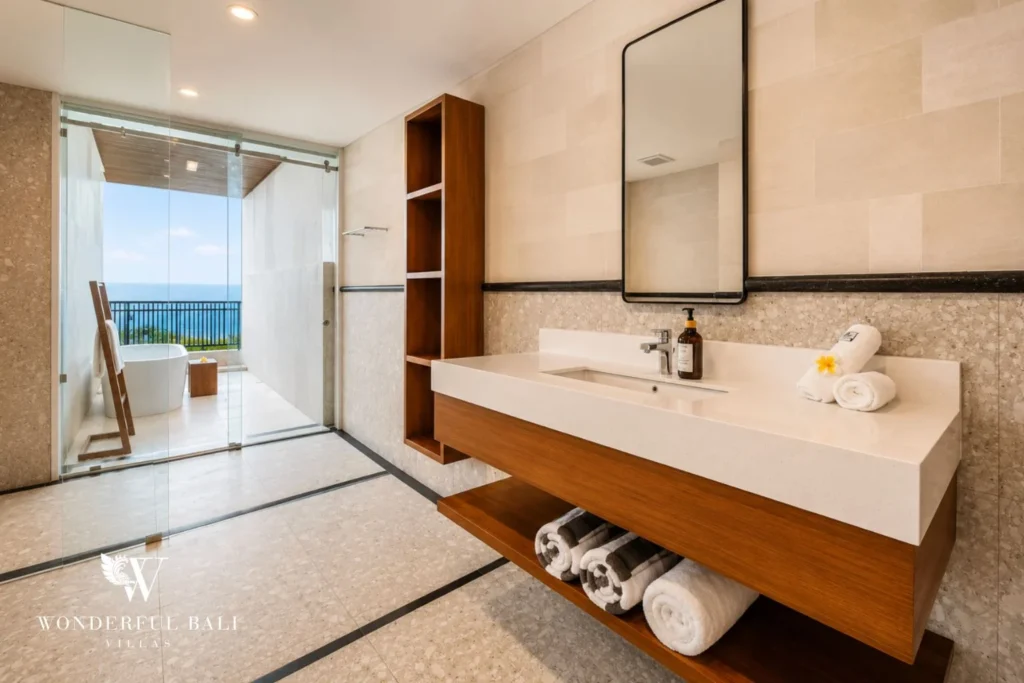 Master bathroom with freestanding bathtub and panoramic view in Tumbak Bayuh, Bali
